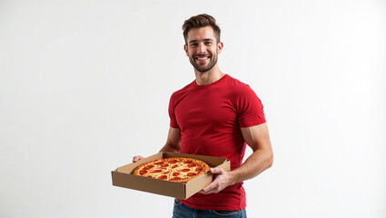 Smiling delivery man holding a big pepperoni pizza box