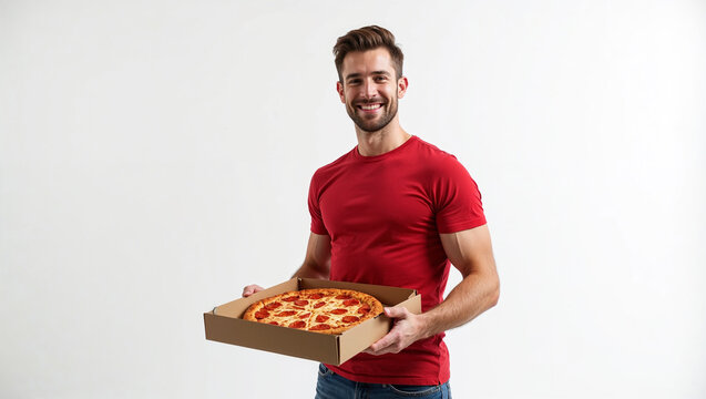 Smiling delivery man holding a big pepperoni pizza box