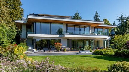 Modern house with clean lines, surrounded by lush greenery and soft natural light, embodying simplicity and harmony.
