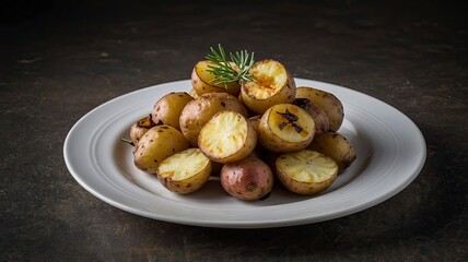 Roasted Baby Potatoes Served on Plate with Rosemary Herb