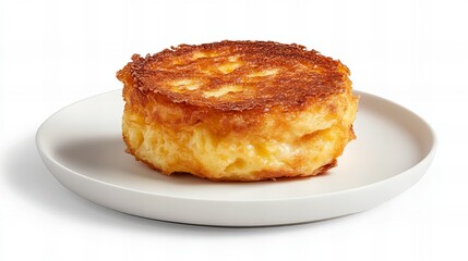 Custard toast sits centered on a clean white plate with visible layers of creamy filling and slightly crisped browned edges over a white background.