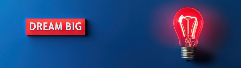 Creative Neon Light Bulb with Dream Big Message Concept on Blue Background