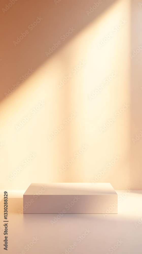 Aufkleber empty white pedestal illuminated by sunlight beams creating shadows, perfect for showcasing products