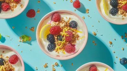 A bright top-down shot of yogurt breakfast bowls topped with fresh berries, lemon zest, granola, and honey drizzle
