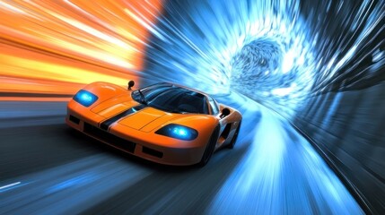 Naklejka premium Orange sports car zipping through a vibrant tunnel