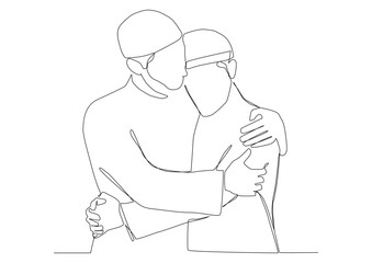 Continuous line art of two men are hugging in Eid day. 