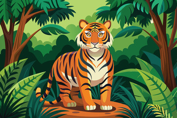 A tiger stands alert amidst vivid green foliage, showcasing its striking stripes and powerful stance, Tiger in the jungle