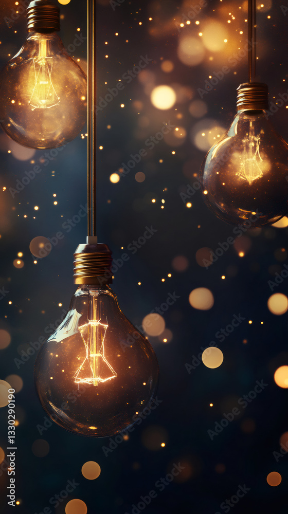 Poster three glowing light bulbs hanging in a dark room, surrounded by sparkling bokeh, creating a cozy and