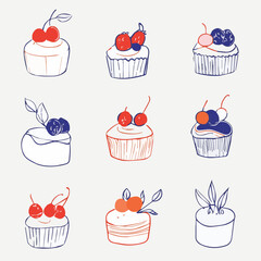 Illustration set of cakes with berries in Continuous line drawing style