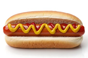 Hot dog with ketchup and mustard on a bun isolated on white background, classic American fast food, street food, snack or quick meal.