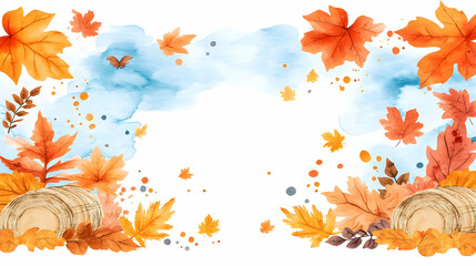 Autumn leaves border, watercolor background