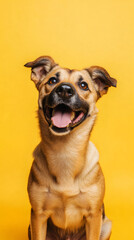 Obraz premium Joyful dog grinning, tongue out, bright yellow studio backdrop capturing canine happiness and playful spirit