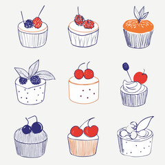 Illustration set of cakes with berries in Continuous line drawing style