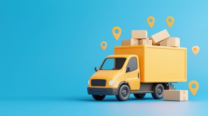 3D Rendered Delivery Truck with Boxes and Location Pins on Blue Background for Logistics Concept
