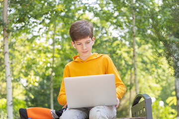 A teenage boy in a yellow hoodie sits in a park with a laptop on a summer day. Green trees in the background create a natural setting.