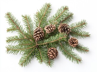 Pine Branch Arrangement with Cones on White Background for Holiday Season
