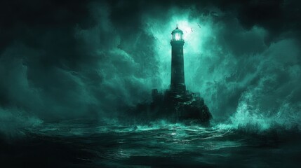 Fototapeta premium Mysterious Lighthouse Amid Turbulent Sea and Striking Green Light