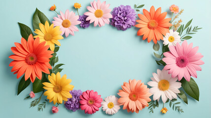 A beautiful arrangement of vibrant flowers in a circular frame pattern on a light blue background.