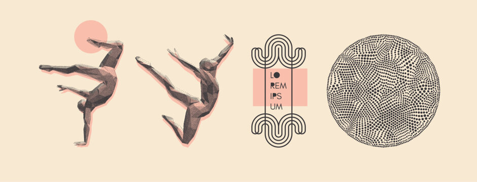 Jumping man. Leadership, freedom or development concept. Gymnast. 3D human body model. Abstract circles with dots. Line art element. Vector for cover, card, postcard, banner, brochure or presentation.