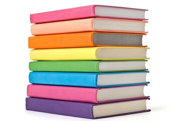 Stack of colorful books isolated on white background, bright textbooks in rainbow colors for education and study, reading material.