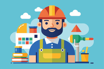 A skilled tiler stands proudly amidst tools and materials, ready for a renovation project in a workshop, Tiler Customizable Flat Illustration