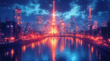 Vibrant Tokyo city lights in a neon cyberpunk paper cut style