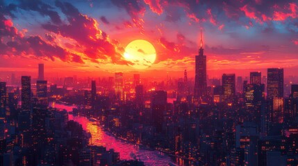 Fototapeta premium Vibrant Tokyo city lights in a neon cyberpunk paper cut style