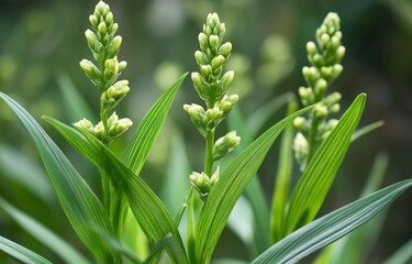 Obraz premium Green Flower Buds with Leaves Macro Shot in Natural Garden Light