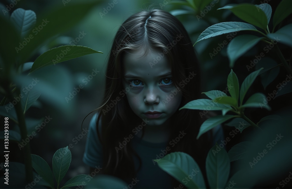 Poster A Girl Emerges From Dark Foliage With An Intense Gaze That Pulls Observers Into An Enigmatic Realm Where Shadows Rule And Light Is Eerily Absent.