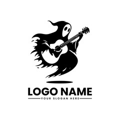 Ghost playing guitar negative space vector logo, spooky music emblem for haunted rock band illustration 