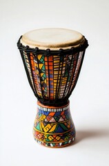 A small African drum with black strings and colorful patterns on the surface, centered against a white background for product photography