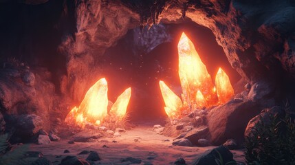 Shimmering Orange Crystals Inside Dark Cave Surrounded by Rocks