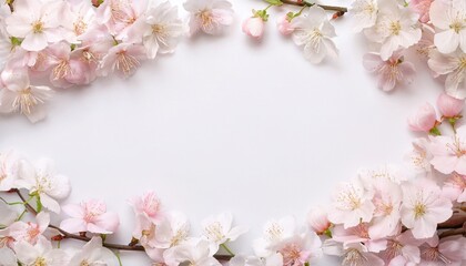 Obraz premium A delicate cherry blossom frame with soft branches gently wrapping around the edges, set against a white background, evoking a sense of tranquility and the beauty of spring. 