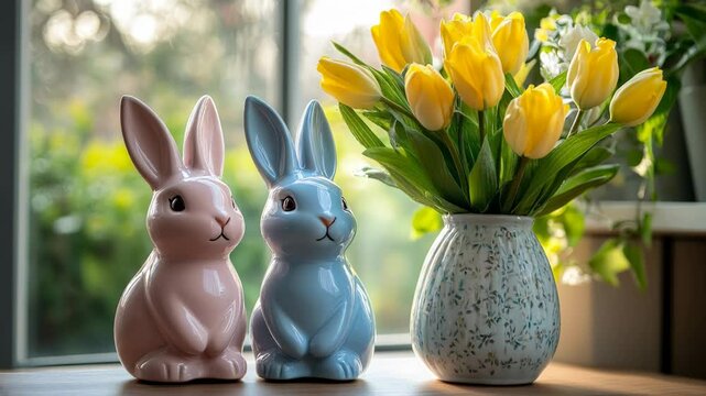 Bright spring tulips with adorable bunny figurine for festive Easter decorations and cheerful designs