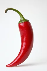 Küchenrückwand glas motiv Scharfe Chili-pfeffer Curved red chili pepper hanging isolated on a white backdrop  © KC Radler