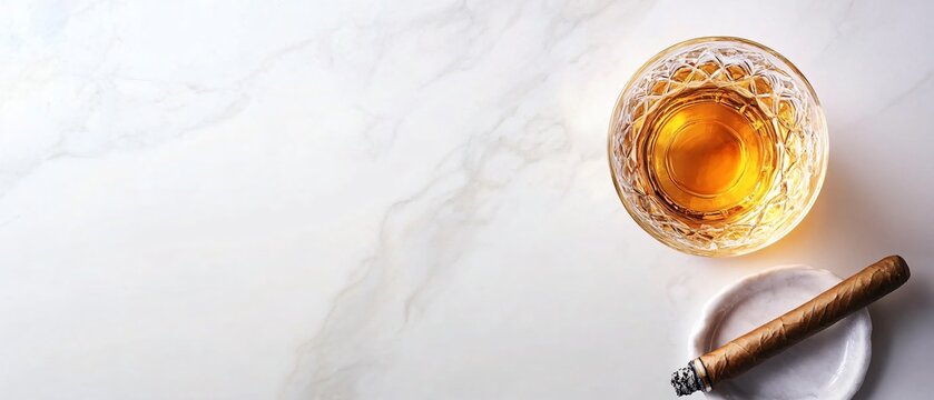Single Malt Scotch and Cuban Cigar on a Marble Bar Counter. Copy space on the right. Generative AI