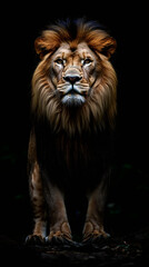 Fototapeta premium Majestic lion standing confidently in shadows, powerful silhouette exuding wild nobility and regal dominance against dark background