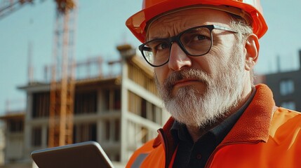Middle Aged Architect in Safety Gear Holding Tablet on Construction Site