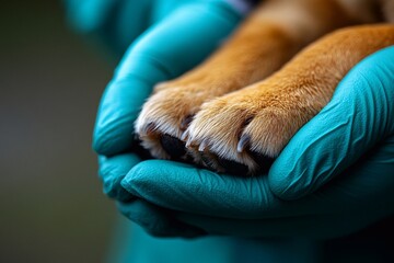 Caring hands gently hold a dog's paws showing a moment of tenderness and affection