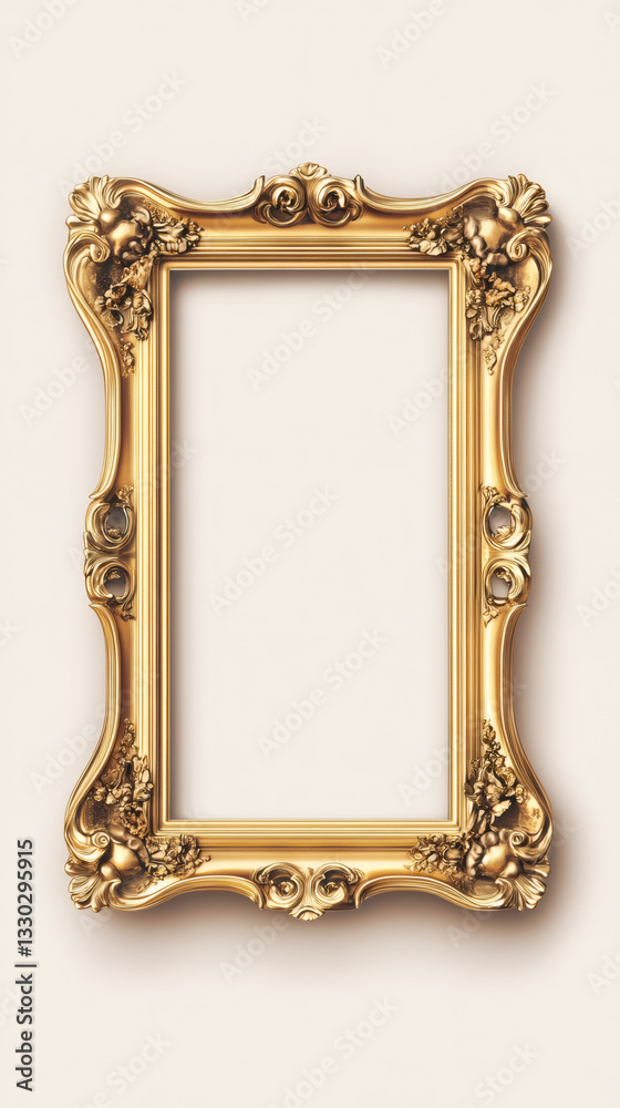 Poster golden vintage frame hanging on a plain wall, perfect for showcasing artwork and adding a touch of e