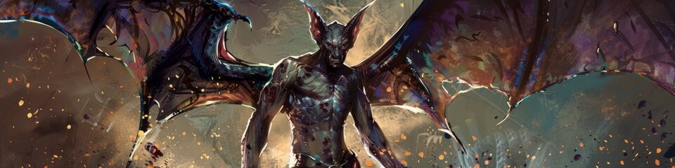 an evil monster with purplish spots on his body and bat wings