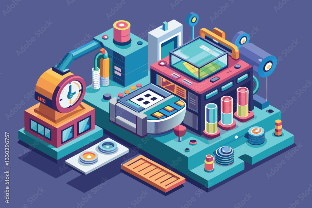 Poster a vibrant isometric design features a customizable time machine filled with colorful instruments and