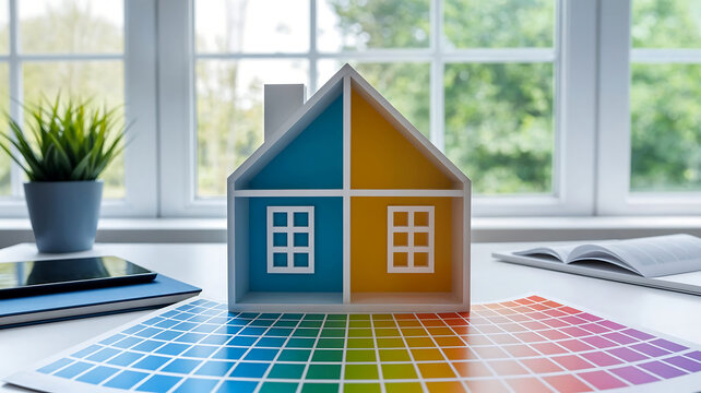 Mur de la maison, maquette de maison et palette de couleurs pour la décoration intérieure