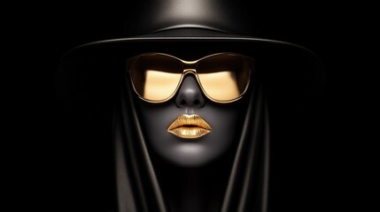 striking black mannequin wearing oversized golden sunglasses and metallic gold lips stands out in a contemporary art installation. setting emphasizes a bold fashion statement