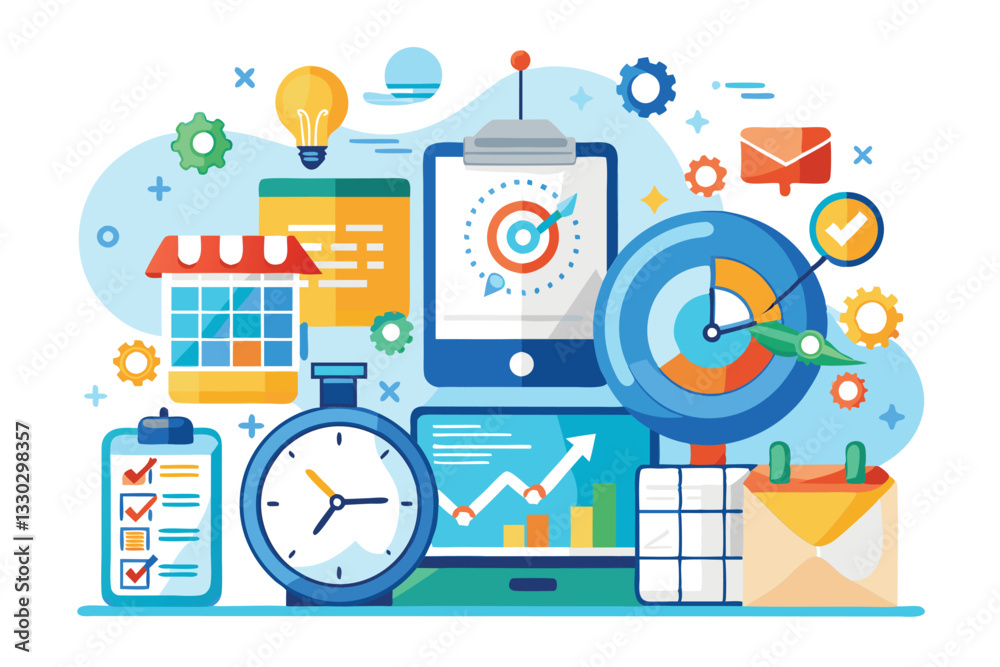 Poster a colorful workspace displays various tools for effective time management and organization methods, 