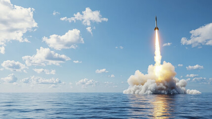 dramatic missile launch from warship over ocean, showcasing power and technology