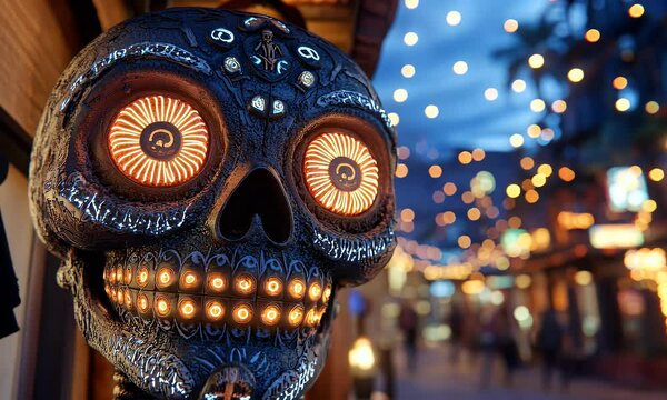 skull, neon, voodoo, Dark DMT Voodoo Skull, insane detail, neon lighting