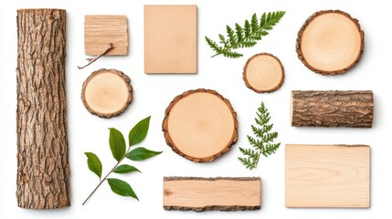 Diverse Collection of Natural Wood Elements and Green Ferns for Sustainable Design Concepts