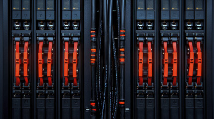 Obraz premium Data center equipment with red circuit breakers and cables