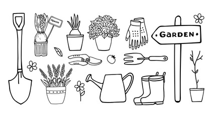 Set of garden plants and tools. Potted plants, pruning shears, watering can, gardening gloves and sign hand drawn. Hand drawn vector illustration. Doodles for printing and design